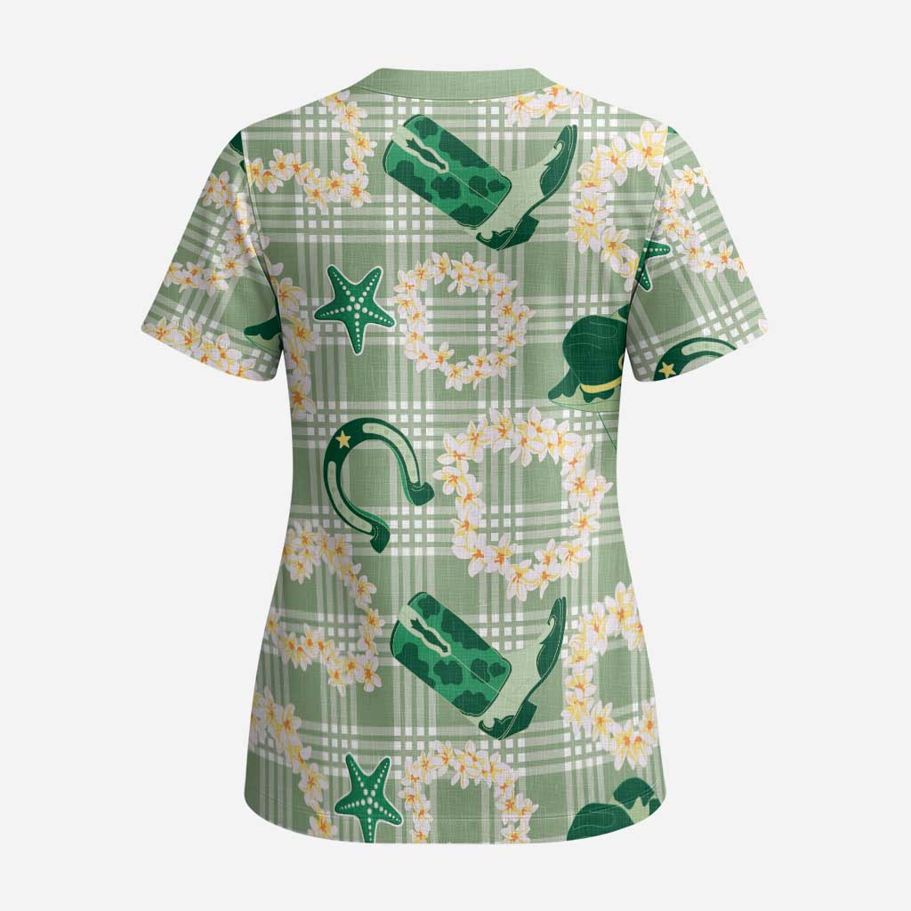 Aloha Hawaii Paniolo Mint Palaka Scrub Top Coastal Rodeo - Polynesian Pride