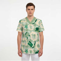 Aloha Hawaii Paniolo Mint Palaka Scrub Top Coastal Rodeo - Polynesian Pride