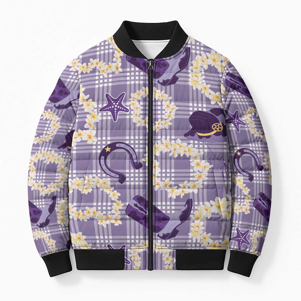 Aloha Hawaii Paniolo Lavender Palaka Bomber Puffer Jacket Coastal Rodeo - Polynesian Pride