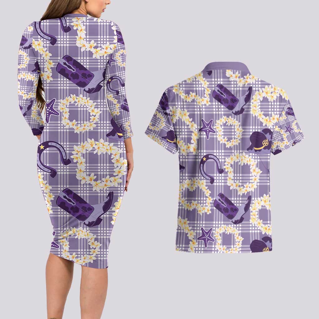 Aloha Hawaii Paniolo Lavender Palaka Couples Matching Long Sleeve Bodycon Dress and Hawaiian Shirt Coastal Rodeo LT7 - Polynesian Pride