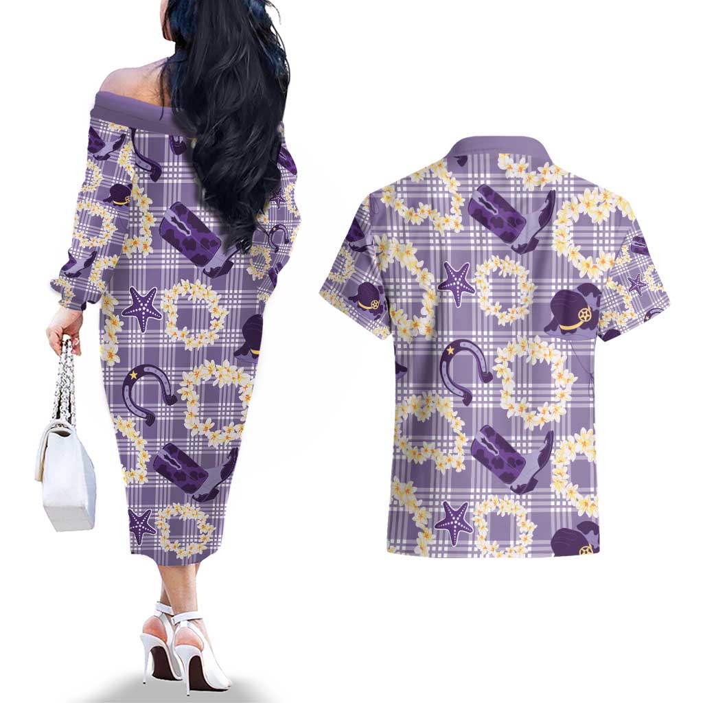 Aloha Hawaii Paniolo Lavender Palaka Couples Matching Off The Shoulder Long Sleeve Dress and Hawaiian Shirt Coastal Rodeo - Polynesian Pride
