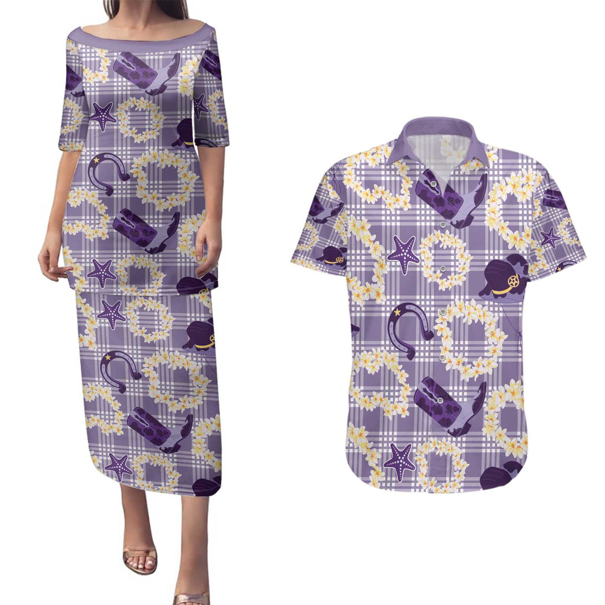Aloha Hawaii Paniolo Lavender Palaka Couples Matching Puletasi and Hawaiian Shirt Coastal Rodeo - Polynesian Pride
