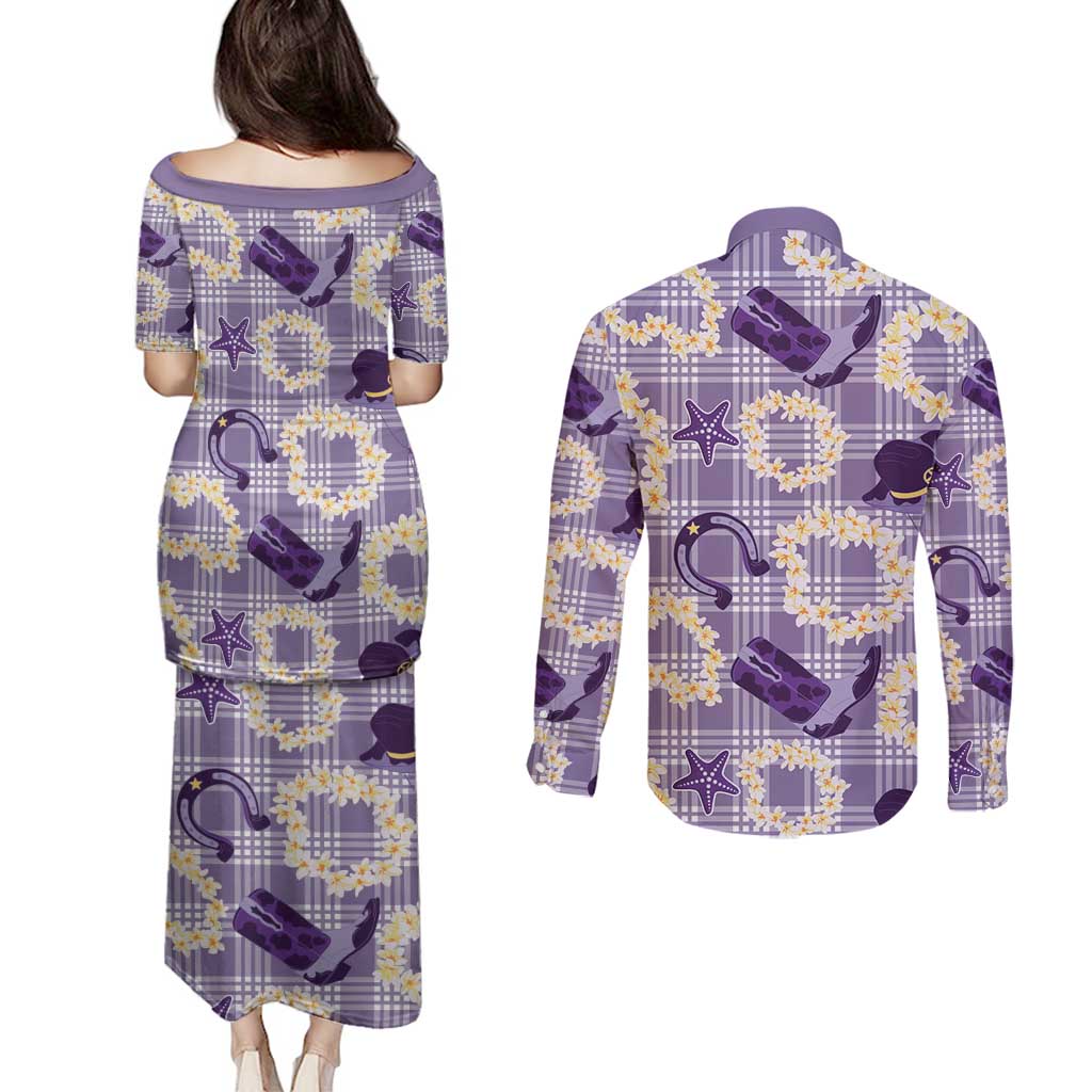Aloha Hawaii Paniolo Lavender Palaka Couples Matching Puletasi and Long Sleeve Button Shirt Coastal Rodeo - Polynesian Pride