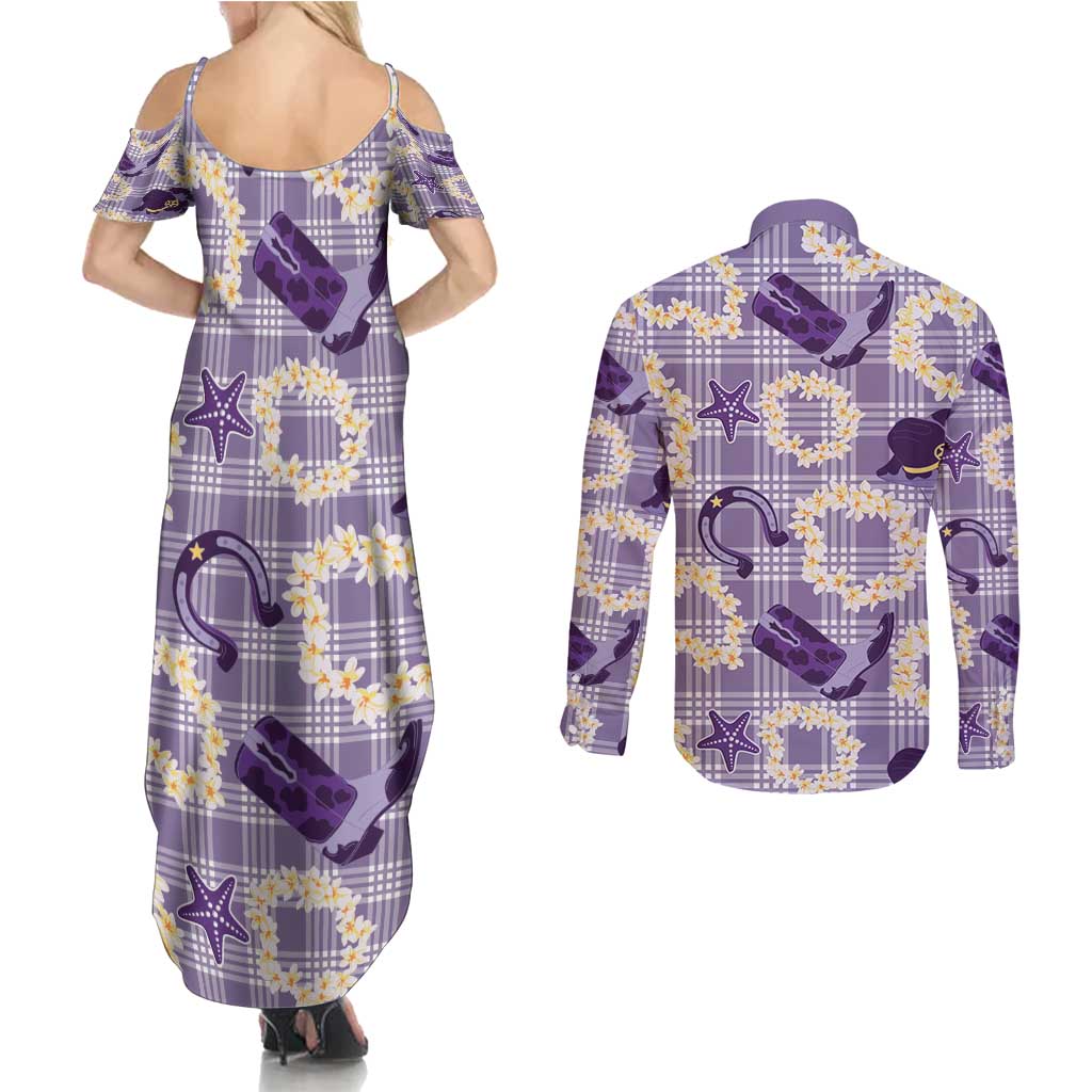 Aloha Hawaii Paniolo Lavender Palaka Couples Matching Summer Maxi Dress and Long Sleeve Button Shirt Coastal Rodeo - Polynesian Pride