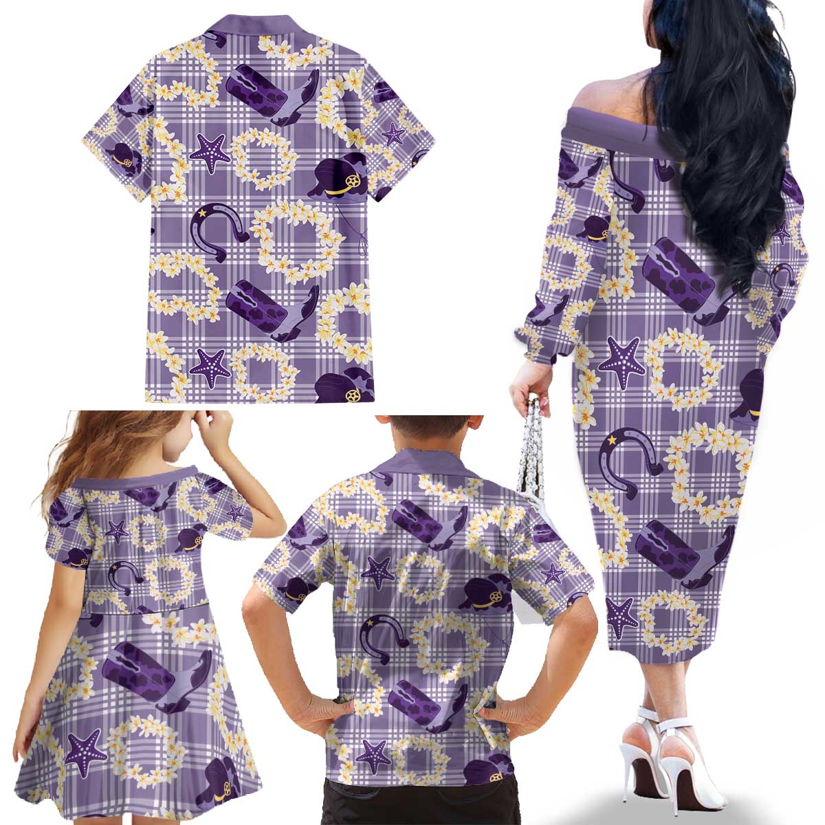 Aloha Hawaii Paniolo Lavender Palaka Family Matching Off The Shoulder Long Sleeve Dress and Hawaiian Shirt Coastal Rodeo - Polynesian Pride