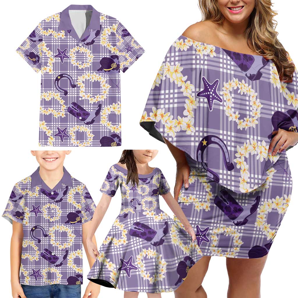 Aloha Hawaii Paniolo Lavender Palaka Family Matching Off Shoulder Short Dress and Hawaiian Shirt Coastal Rodeo - Polynesian Pride