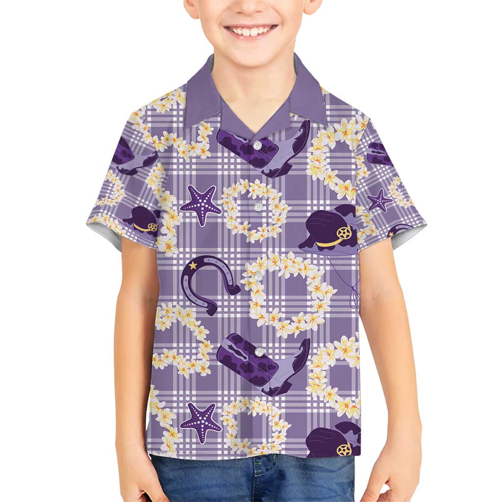 Aloha Hawaii Paniolo Lavender Palaka Family Matching Off Shoulder Short Dress and Hawaiian Shirt Coastal Rodeo - Polynesian Pride
