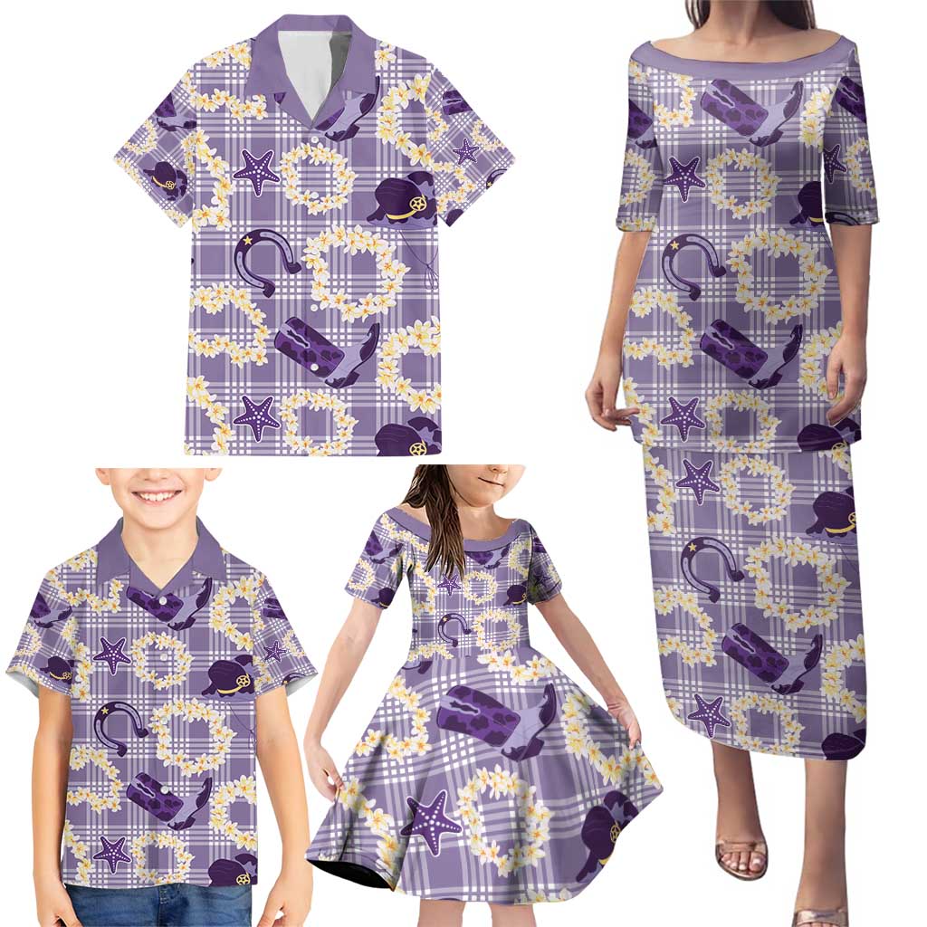 Aloha Hawaii Paniolo Lavender Palaka Family Matching Puletasi and Hawaiian Shirt Coastal Rodeo - Polynesian Pride
