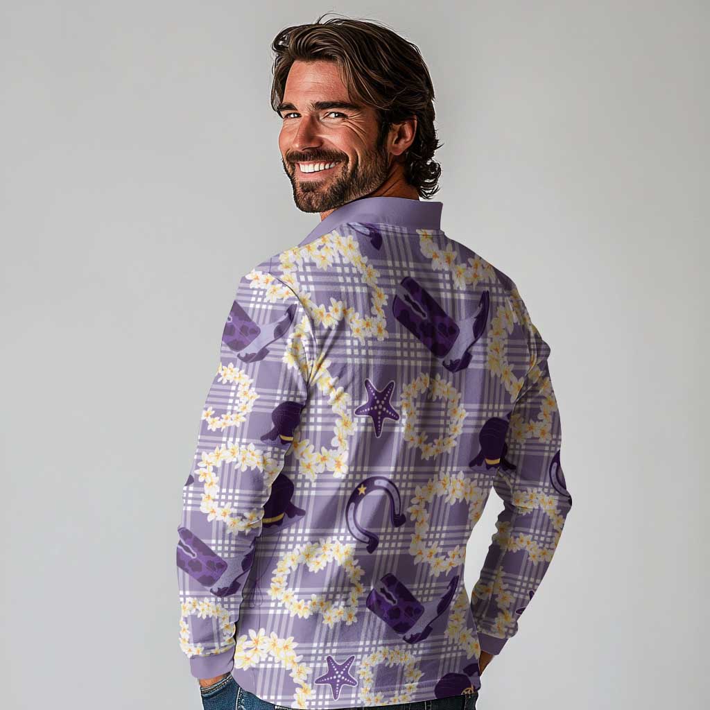 Aloha Hawaii Paniolo Lavender Palaka Long Sleeve Polo Shirt Coastal Rodeo - Polynesian Pride