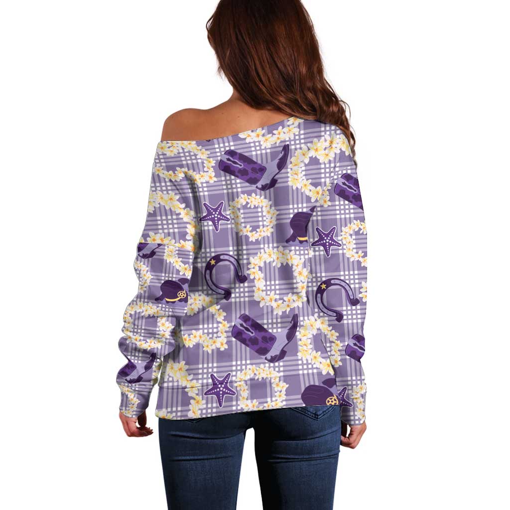 Aloha Hawaii Paniolo Lavender Palaka Off Shoulder Sweater Coastal Rodeo - Polynesian Pride