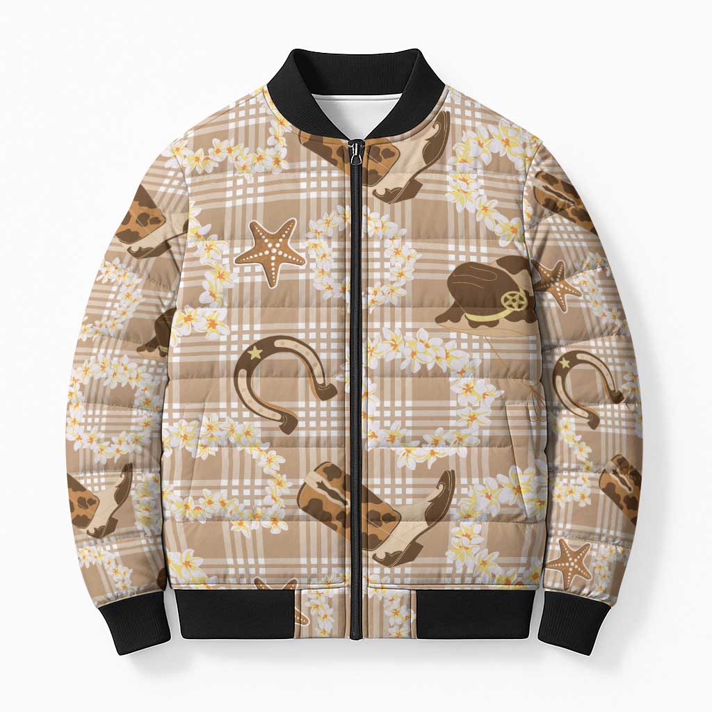 Aloha Hawaii Paniolo Khaki Palaka Bomber Puffer Jacket Coastal Rodeo - Polynesian Pride