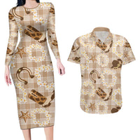 Aloha Hawaii Paniolo Khaki Palaka Couples Matching Long Sleeve Bodycon Dress and Hawaiian Shirt Coastal Rodeo LT7 Khaki - Polynesian Pride