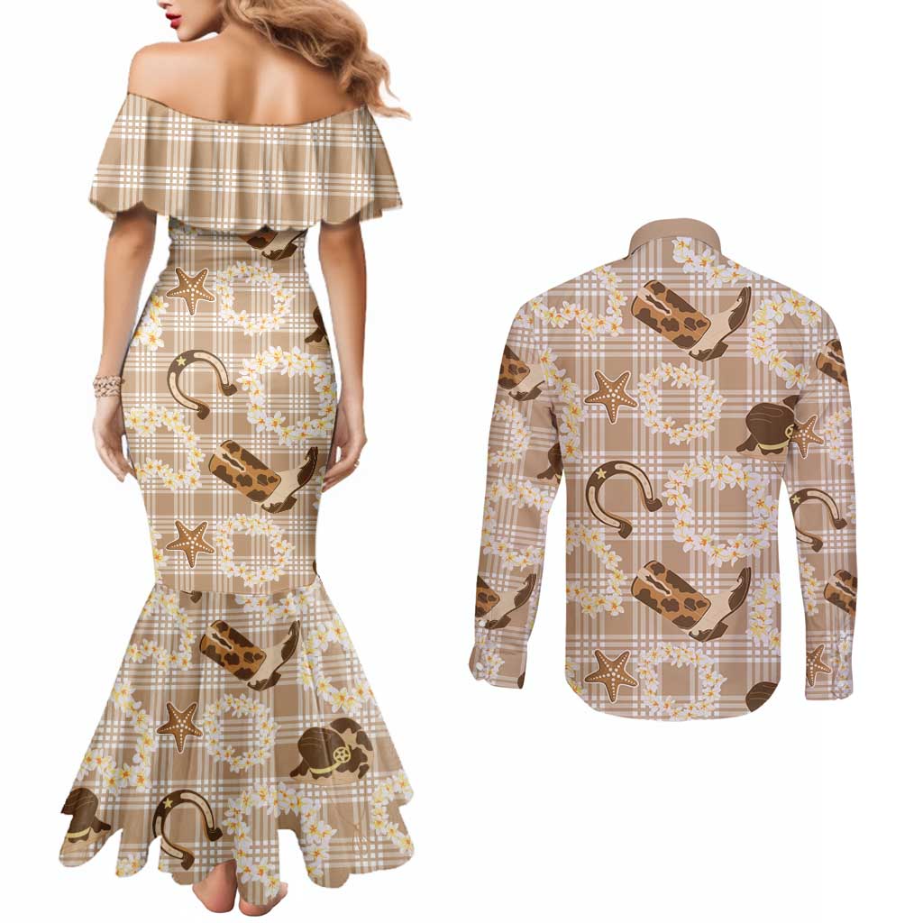 Aloha Hawaii Paniolo Khaki Palaka Couples Matching Mermaid Dress and Long Sleeve Button Shirt Coastal Rodeo - Polynesian Pride