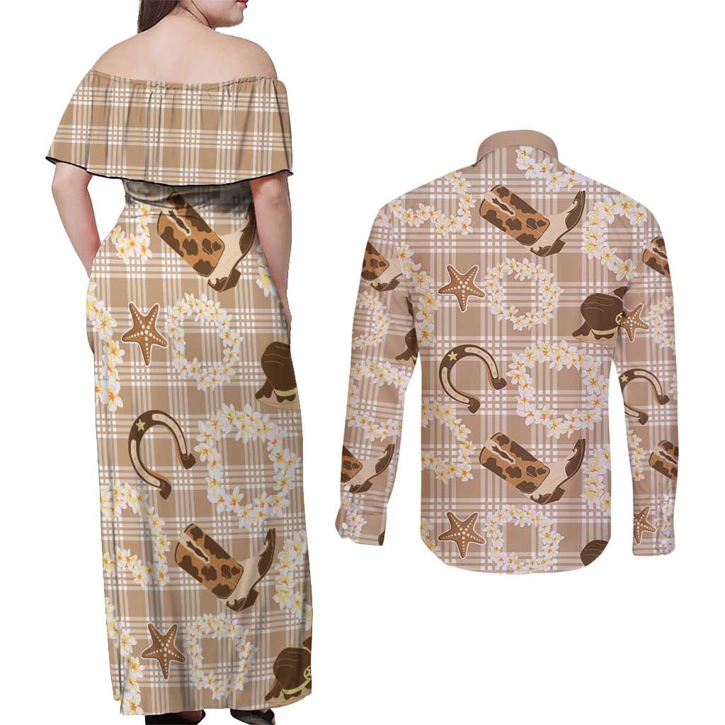 Aloha Hawaii Paniolo Khaki Palaka Couples Matching Off Shoulder Maxi Dress and Long Sleeve Button Shirt Coastal Rodeo - Polynesian Pride