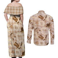Aloha Hawaii Paniolo Khaki Palaka Couples Matching Off Shoulder Maxi Dress and Long Sleeve Button Shirt Coastal Rodeo - Polynesian Pride
