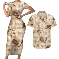 Aloha Hawaii Paniolo Khaki Palaka Couples Matching Short Sleeve Bodycon Dress and Hawaiian Shirt Coastal Rodeo LT7 Khaki - Polynesian Pride