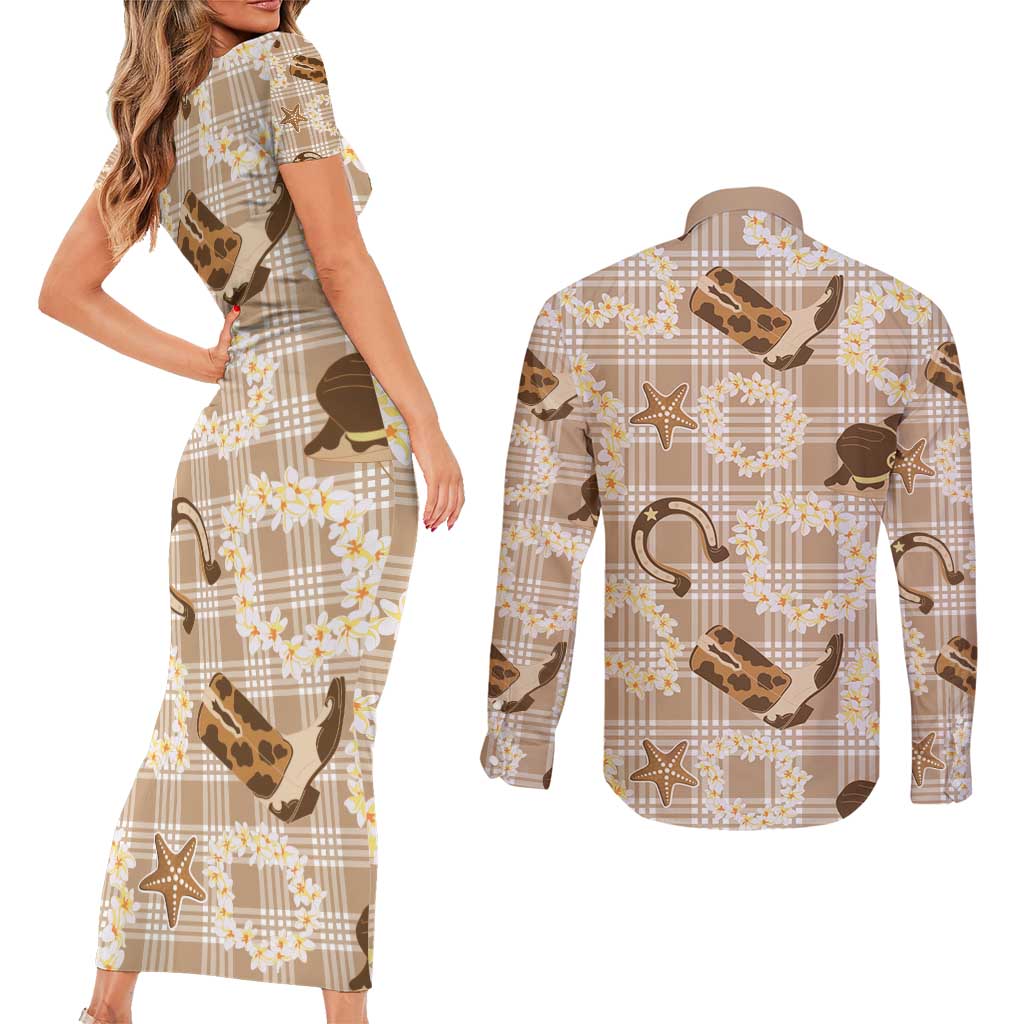 Aloha Hawaii Paniolo Khaki Palaka Couples Matching Short Sleeve Bodycon Dress and Long Sleeve Button Shirt Coastal Rodeo - Polynesian Pride