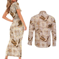 Aloha Hawaii Paniolo Khaki Palaka Couples Matching Short Sleeve Bodycon Dress and Long Sleeve Button Shirt Coastal Rodeo - Polynesian Pride