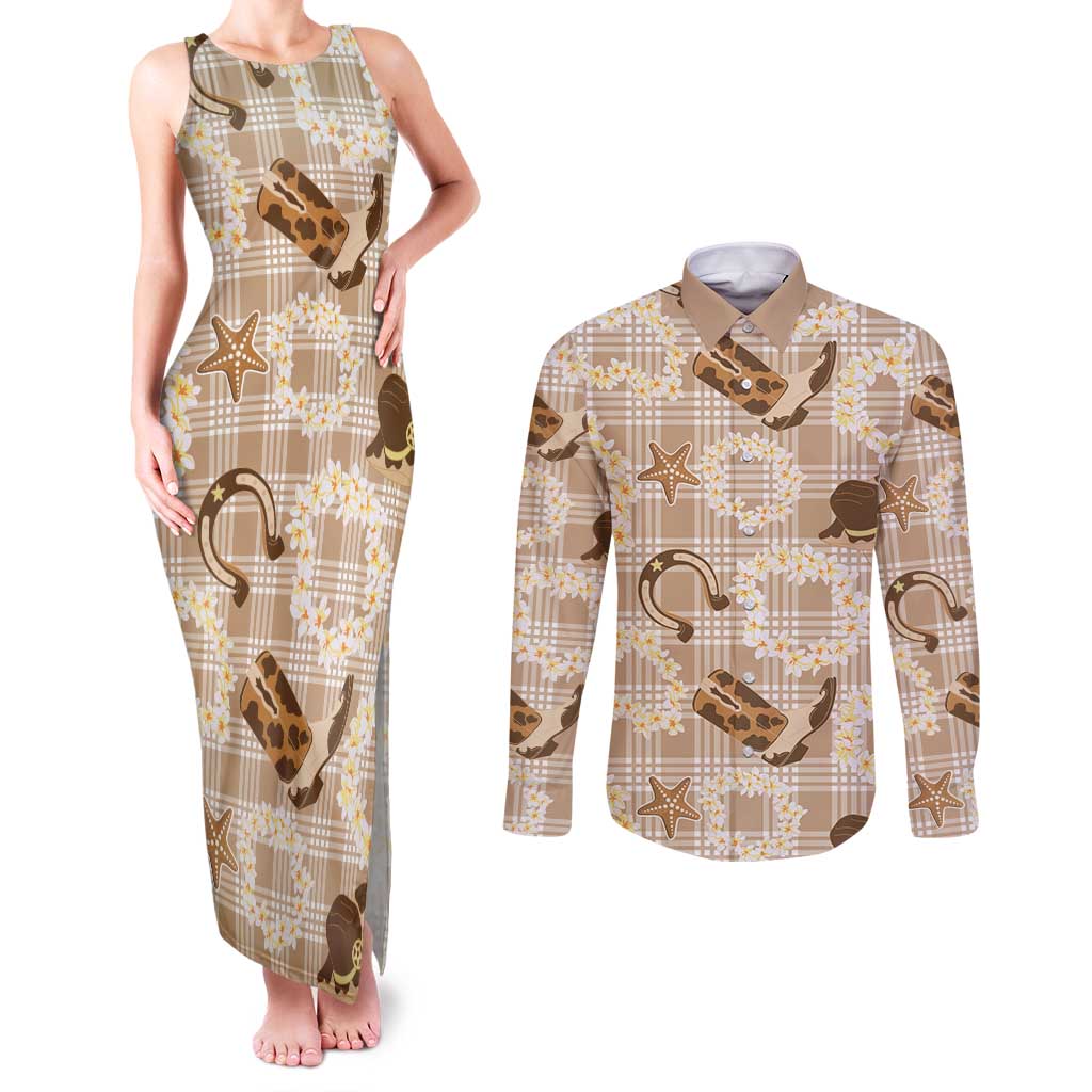 Aloha Hawaii Paniolo Khaki Palaka Couples Matching Tank Maxi Dress and Long Sleeve Button Shirt Coastal Rodeo - Polynesian Pride