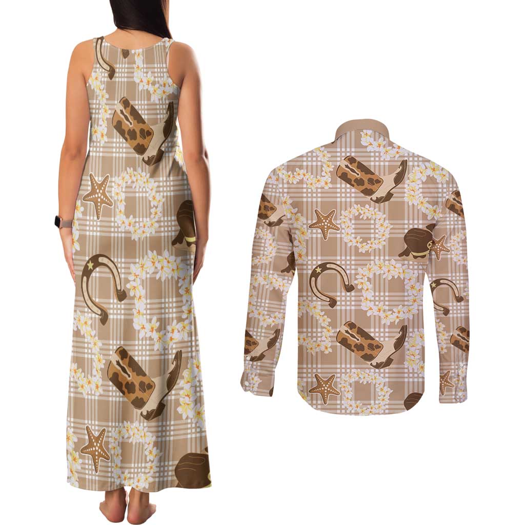 Aloha Hawaii Paniolo Khaki Palaka Couples Matching Tank Maxi Dress and Long Sleeve Button Shirt Coastal Rodeo - Polynesian Pride