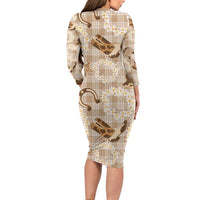 Aloha Hawaii Paniolo Khaki Palaka Family Matching Long Sleeve Bodycon Dress and Hawaiian Shirt Coastal Rodeo - Polynesian Pride