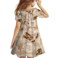 Aloha Hawaii Paniolo Khaki Palaka Family Matching Off The Shoulder Long Sleeve Dress and Hawaiian Shirt Coastal Rodeo - Polynesian Pride