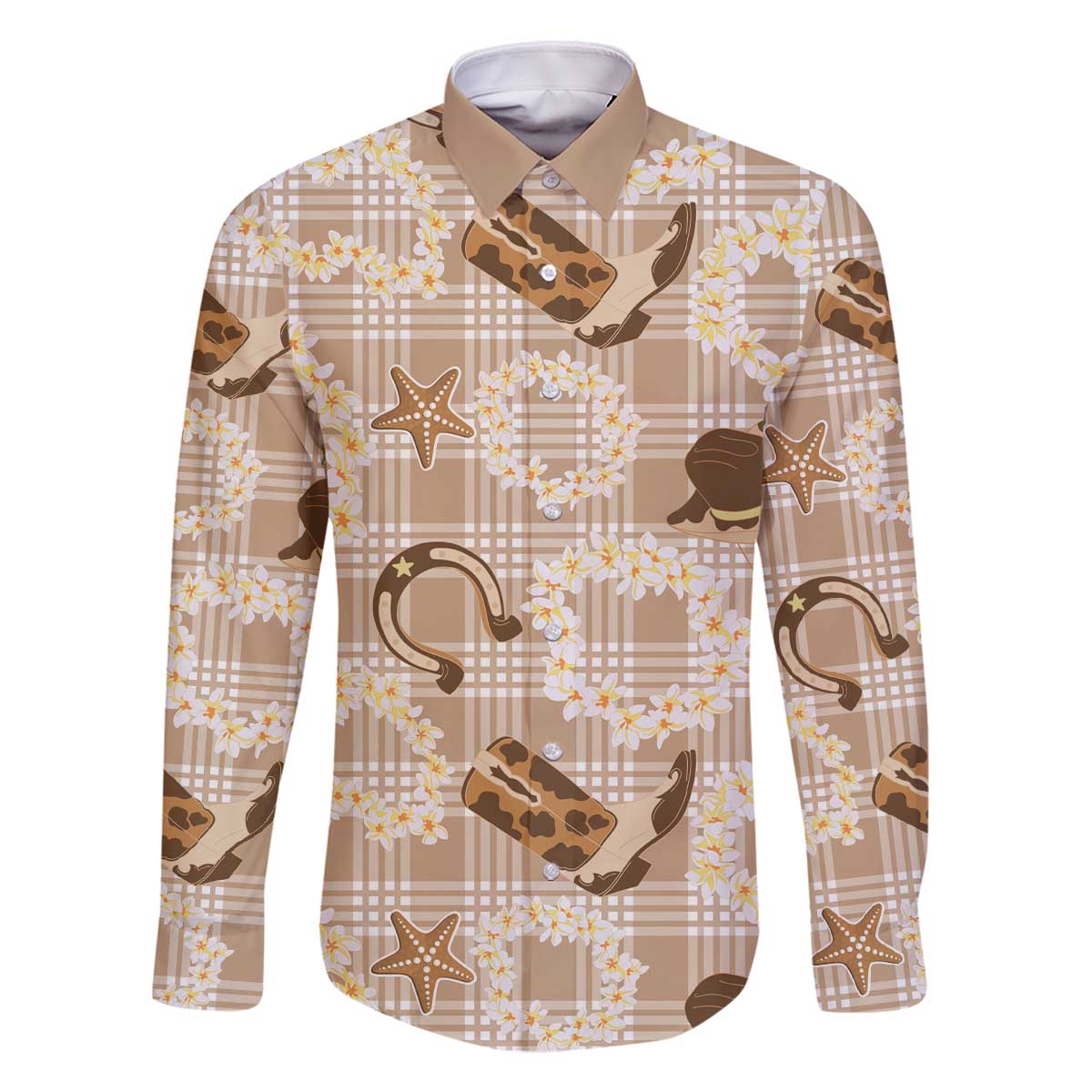 Aloha Hawaii Paniolo Khaki Palaka Family Matching Off The Shoulder Long Sleeve Dress and Hawaiian Shirt Coastal Rodeo - Polynesian Pride