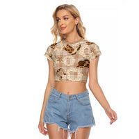 Aloha Hawaii Paniolo Khaki Palaka Raglan Cropped T Shirt Coastal Rodeo - Polynesian Pride
