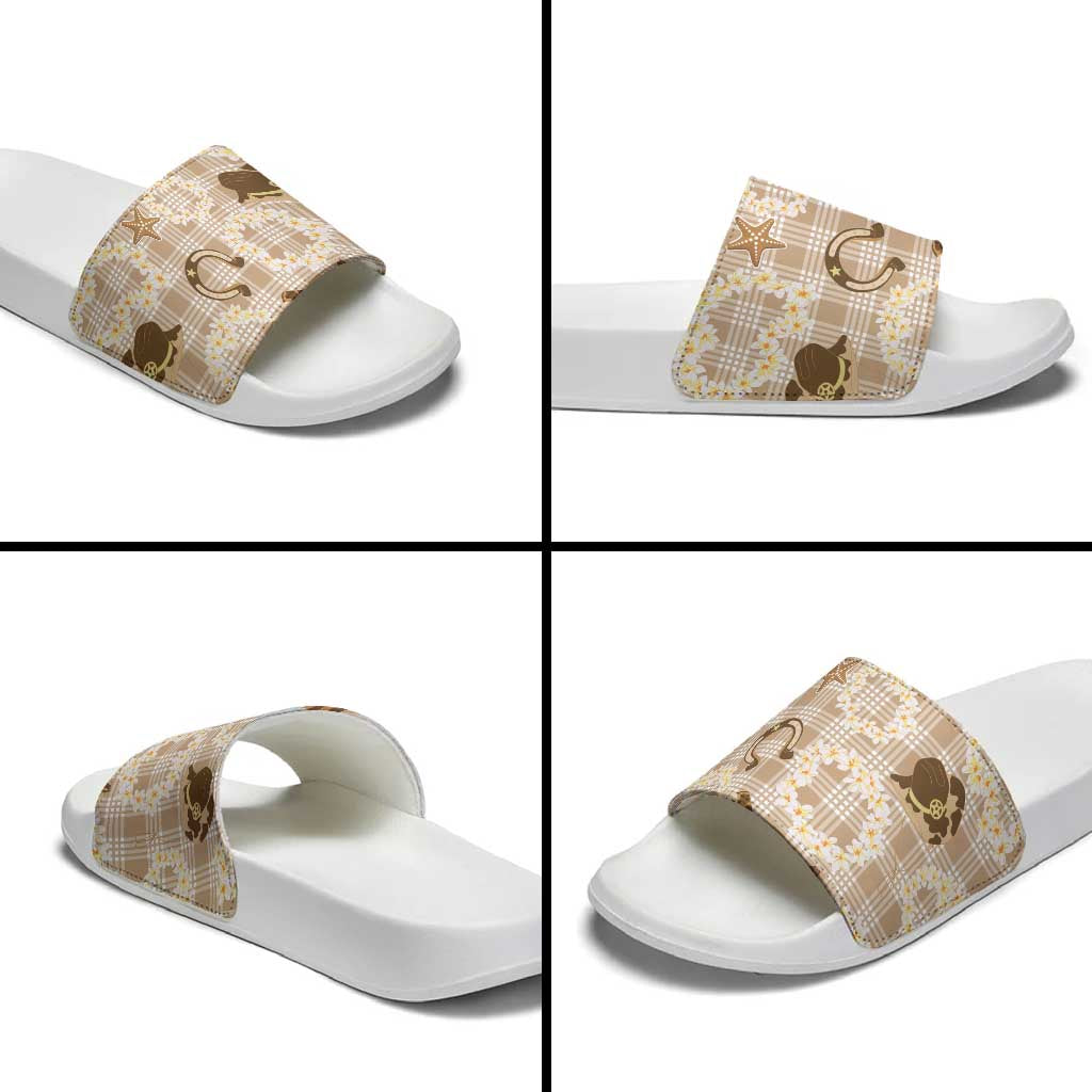 Aloha Hawaii Paniolo Khaki Palaka Slide Sandals Coastal Rodeo - Polynesian Pride