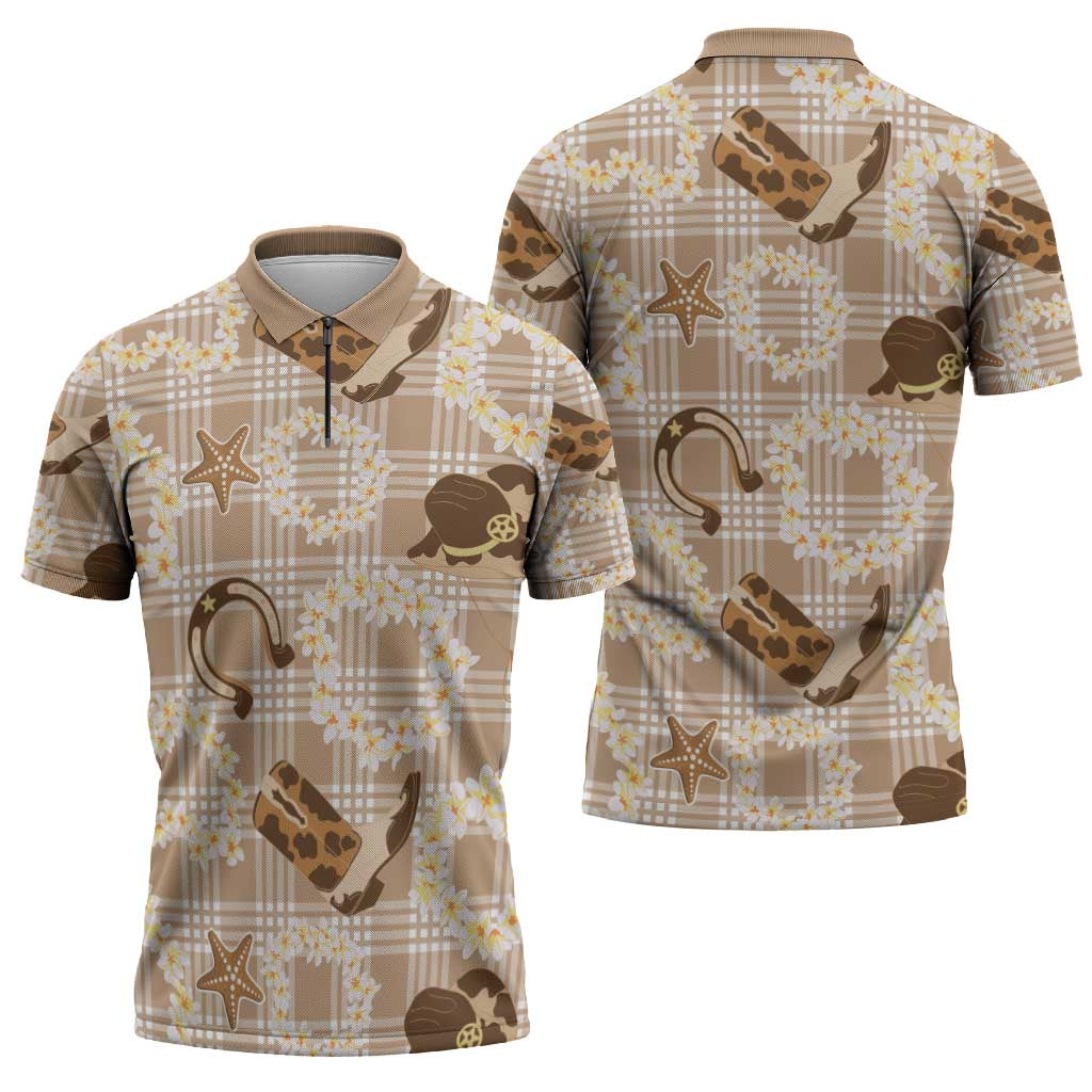 Aloha Hawaii Paniolo Khaki Palaka Zipper Polo Shirt Coastal Rodeo - Polynesian Pride