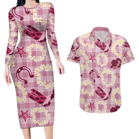 Aloha Hawaii Paniolo Lokelani Rose Palaka Couples Matching Long Sleeve Bodycon Dress and Hawaiian Shirt Coastal Rodeo LT7 Rose Pink - Polynesian Pride