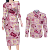Aloha Hawaii Paniolo Lokelani Rose Palaka Couples Matching Long Sleeve Bodycon Dress and Long Sleeve Button Shirt Coastal Rodeo LT7 Rose Pink - Polynesian Pride