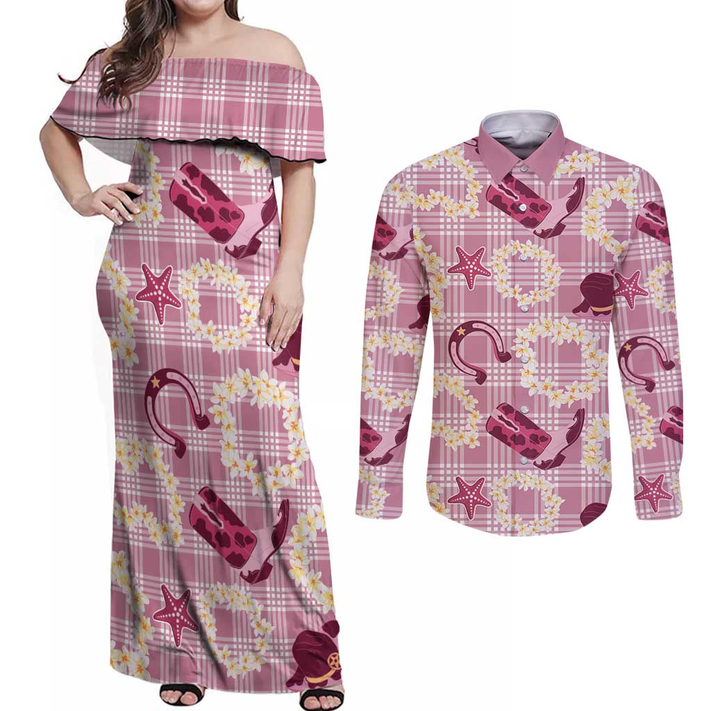 Aloha Hawaii Paniolo Lokelani Rose Palaka Couples Matching Off Shoulder Maxi Dress and Long Sleeve Button Shirt Coastal Rodeo - Polynesian Pride