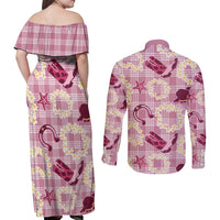 Aloha Hawaii Paniolo Lokelani Rose Palaka Couples Matching Off Shoulder Maxi Dress and Long Sleeve Button Shirt Coastal Rodeo - Polynesian Pride