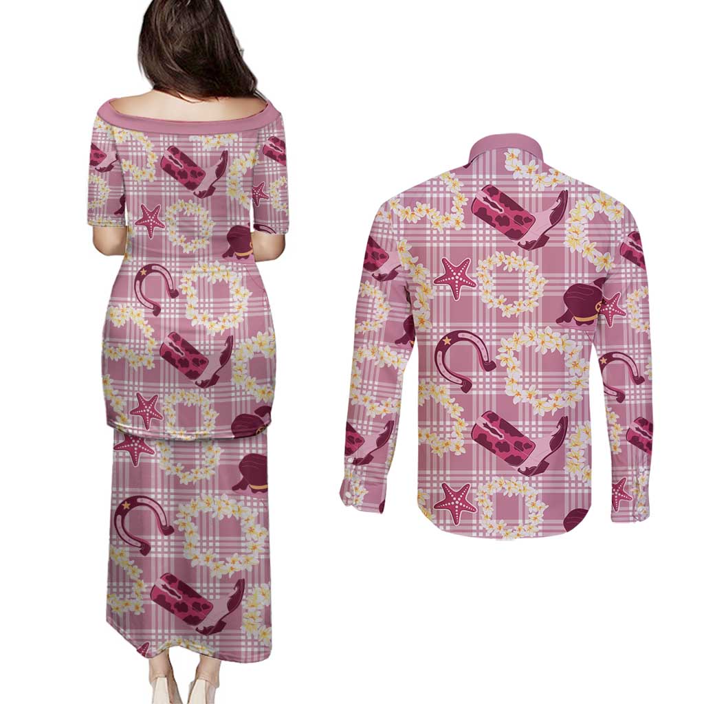 Aloha Hawaii Paniolo Lokelani Rose Palaka Couples Matching Puletasi and Long Sleeve Button Shirt Coastal Rodeo - Polynesian Pride