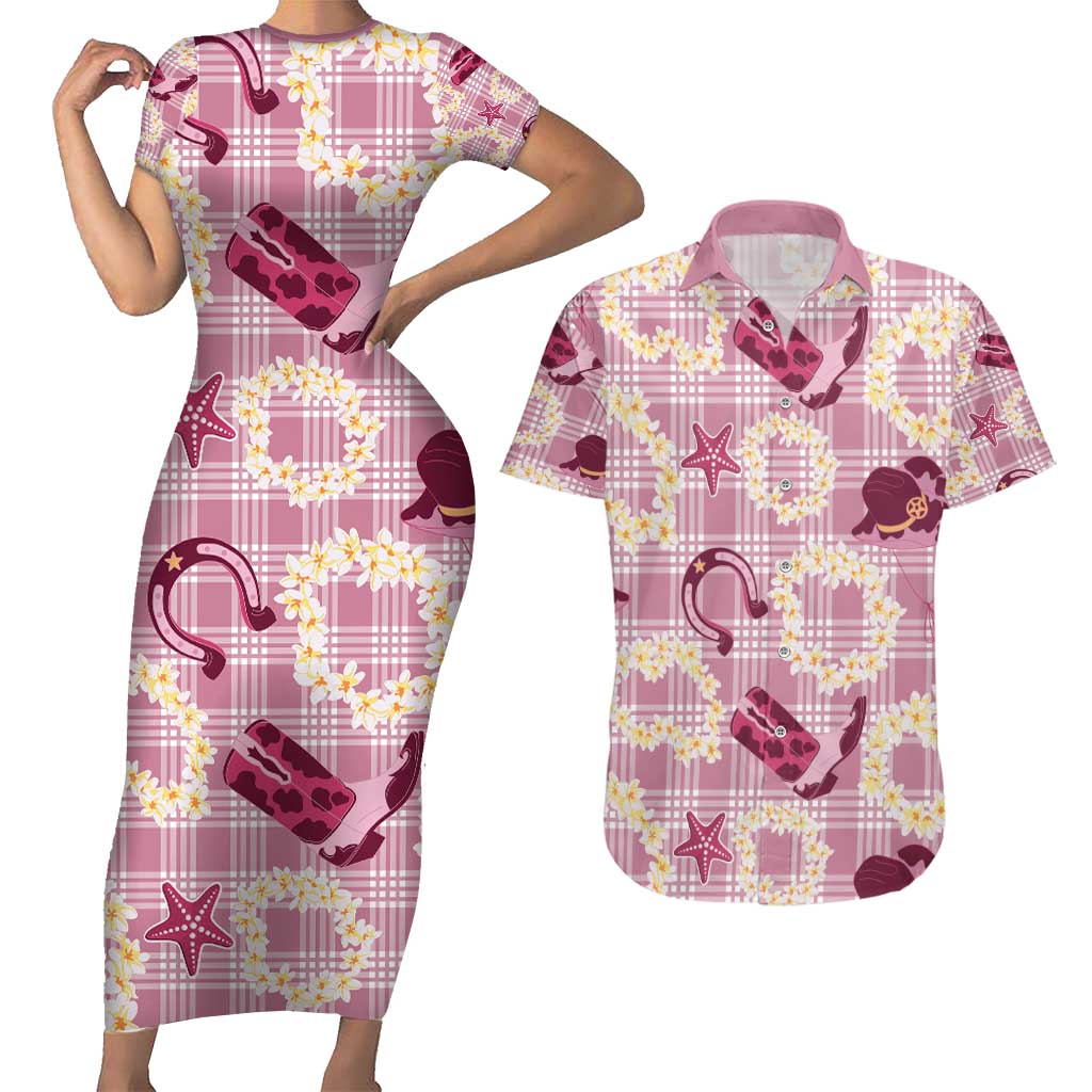 Aloha Hawaii Paniolo Lokelani Rose Palaka Couples Matching Short Sleeve Bodycon Dress and Hawaiian Shirt Coastal Rodeo LT7 Rose Pink - Polynesian Pride