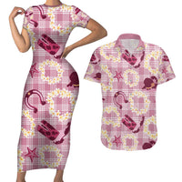 Aloha Hawaii Paniolo Lokelani Rose Palaka Couples Matching Short Sleeve Bodycon Dress and Hawaiian Shirt Coastal Rodeo LT7 Rose Pink - Polynesian Pride