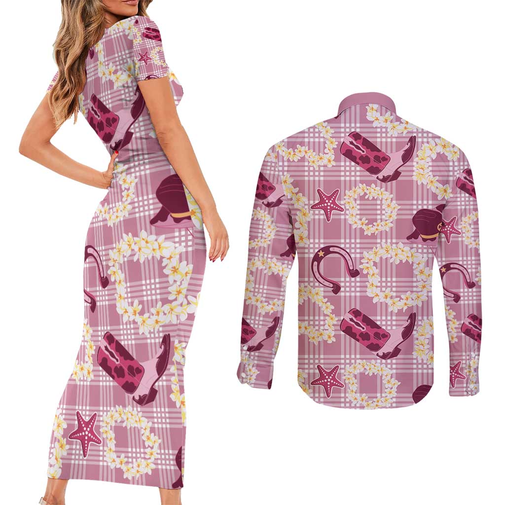 Aloha Hawaii Paniolo Lokelani Rose Palaka Couples Matching Short Sleeve Bodycon Dress and Long Sleeve Button Shirt Coastal Rodeo LT7 - Polynesian Pride