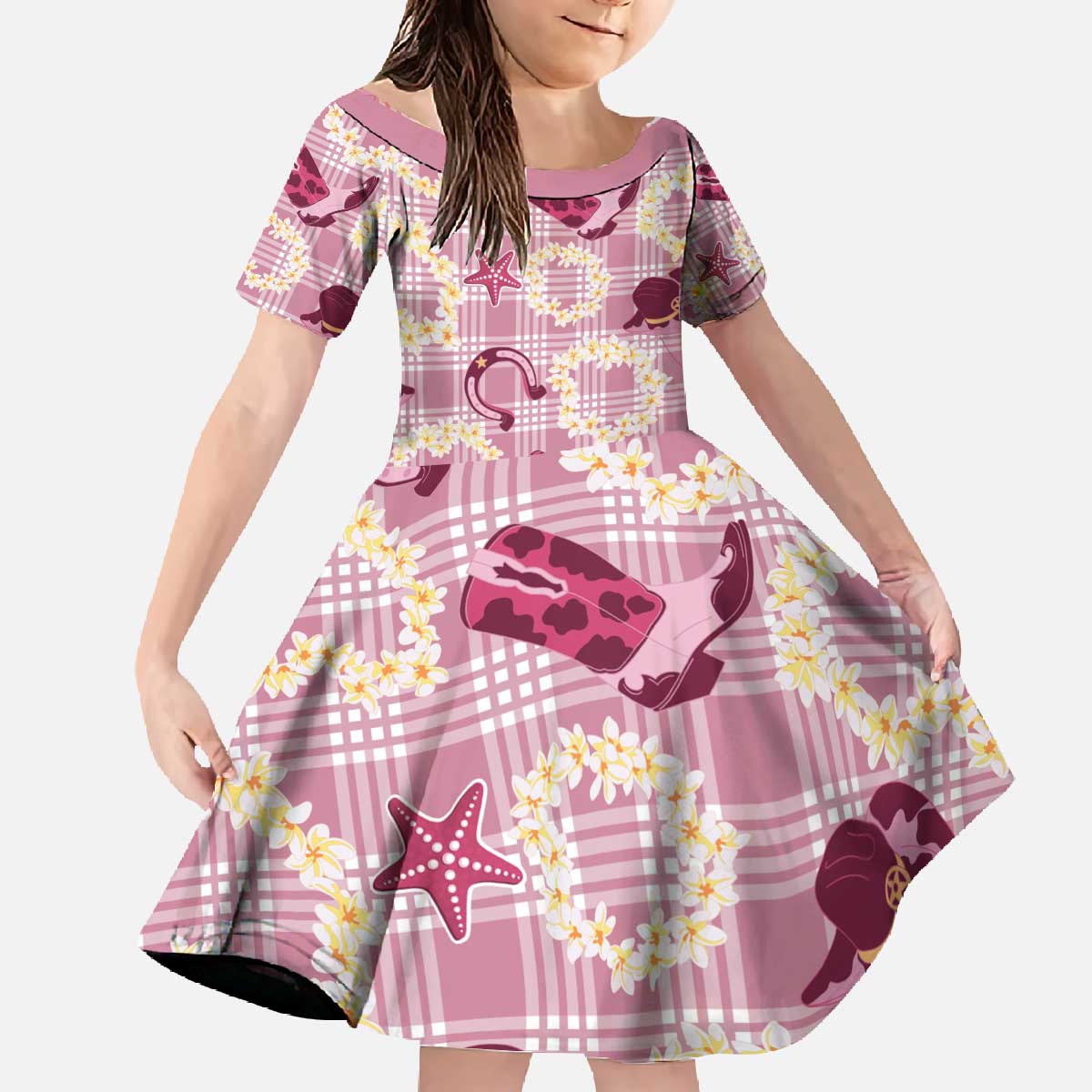 Aloha Hawaii Paniolo Lokelani Rose Palaka Family Matching Off The Shoulder Long Sleeve Dress and Hawaiian Shirt Coastal Rodeo - Polynesian Pride