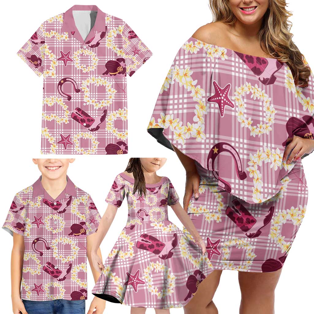 Aloha Hawaii Paniolo Lokelani Rose Palaka Family Matching Off Shoulder Short Dress and Hawaiian Shirt Coastal Rodeo - Polynesian Pride