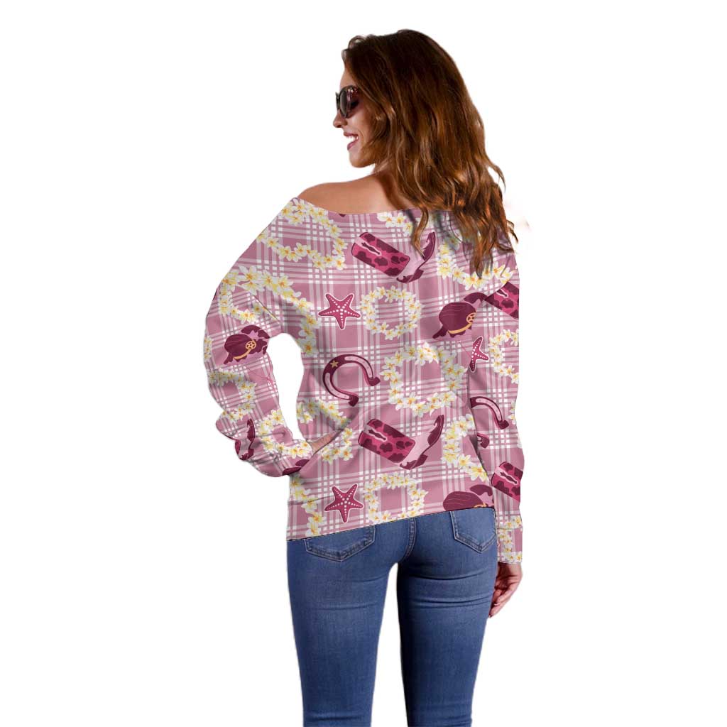 Aloha Hawaii Paniolo Lokelani Rose Palaka Off Shoulder Sweater Coastal Rodeo - Polynesian Pride