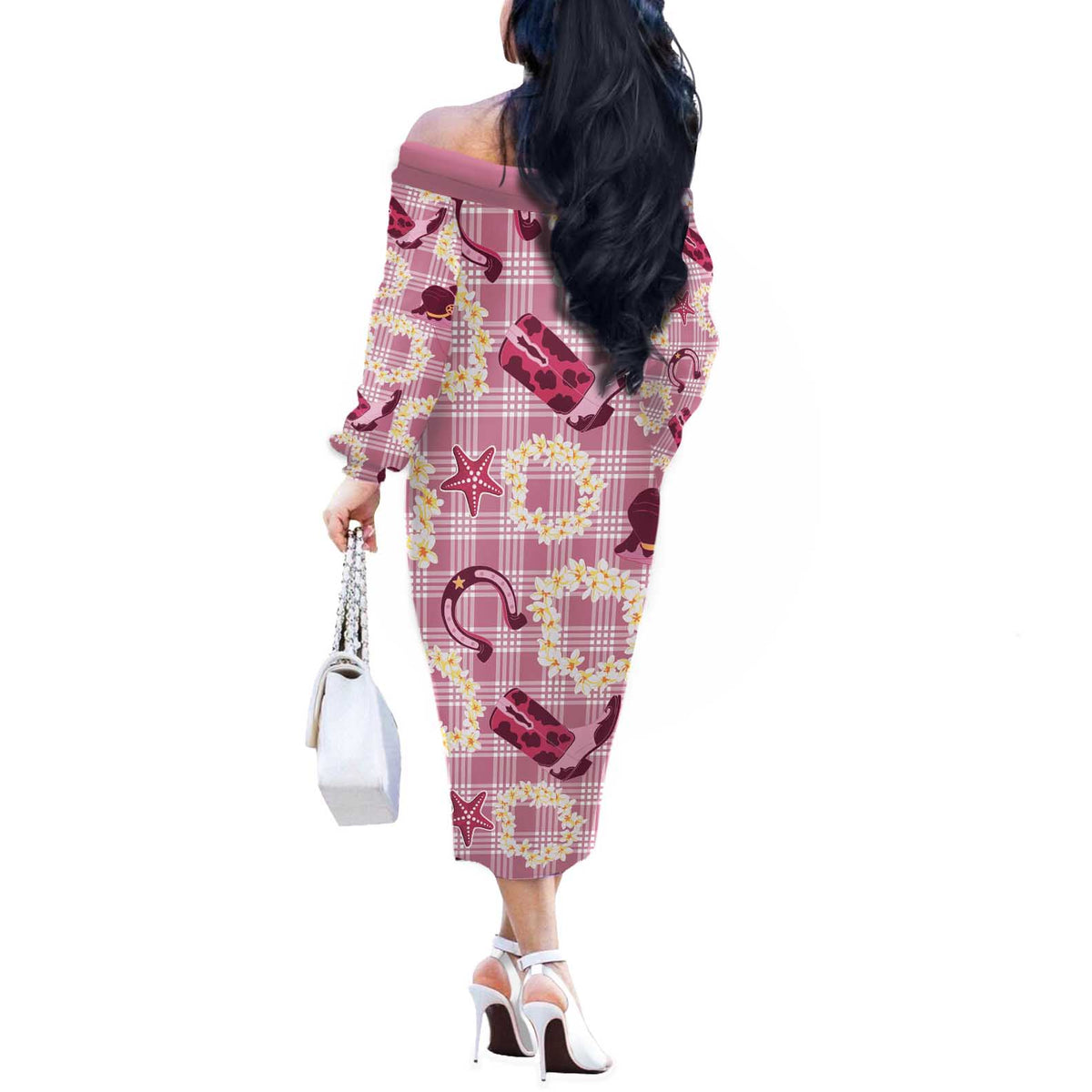 Aloha Hawaii Paniolo Lokelani Rose Palaka Off The Shoulder Long Sleeve Dress Coastal Rodeo - Polynesian Pride