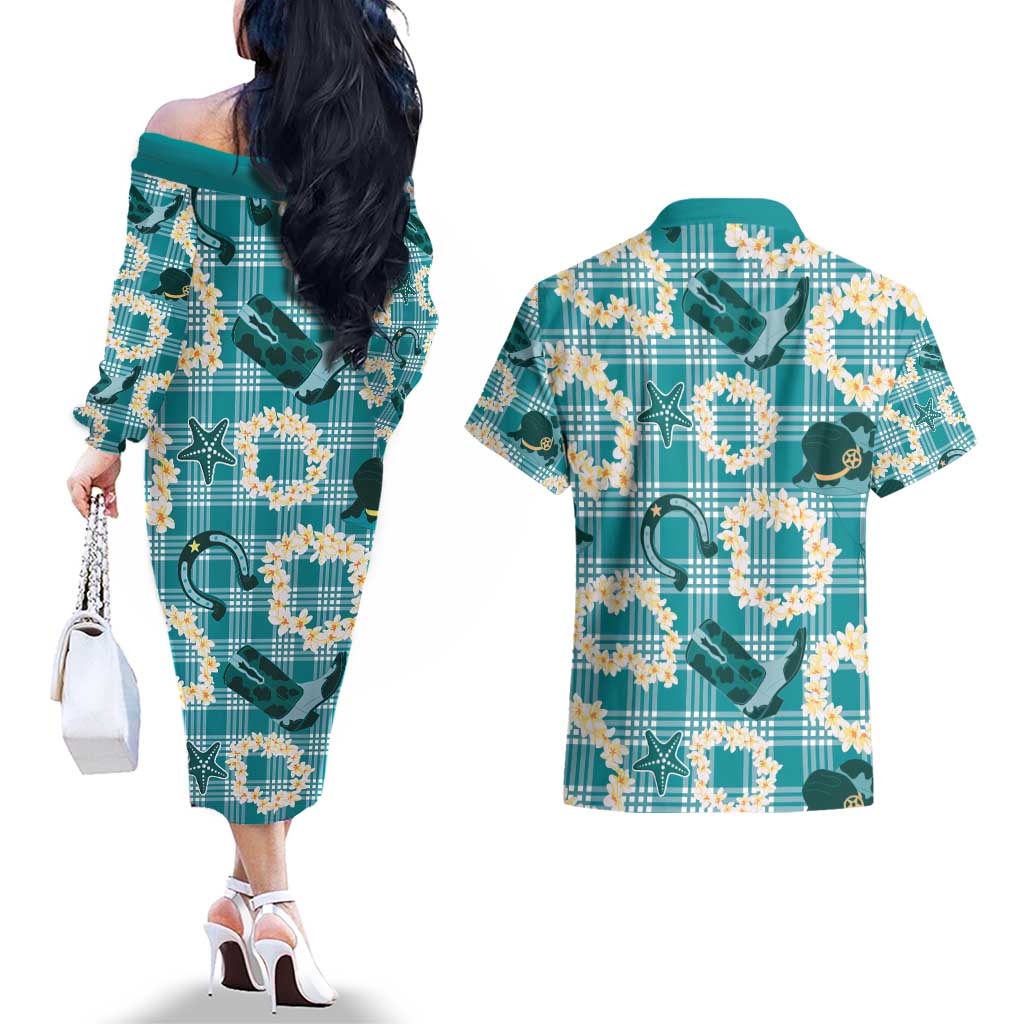 Aloha Hawaii Paniolo Teal Palaka Couples Matching Off The Shoulder Long Sleeve Dress and Hawaiian Shirt Coastal Rodeo - Polynesian Pride