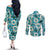 Aloha Hawaii Paniolo Teal Palaka Couples Matching Off The Shoulder Long Sleeve Dress and Long Sleeve Button Shirt Coastal Rodeo - Polynesian Pride