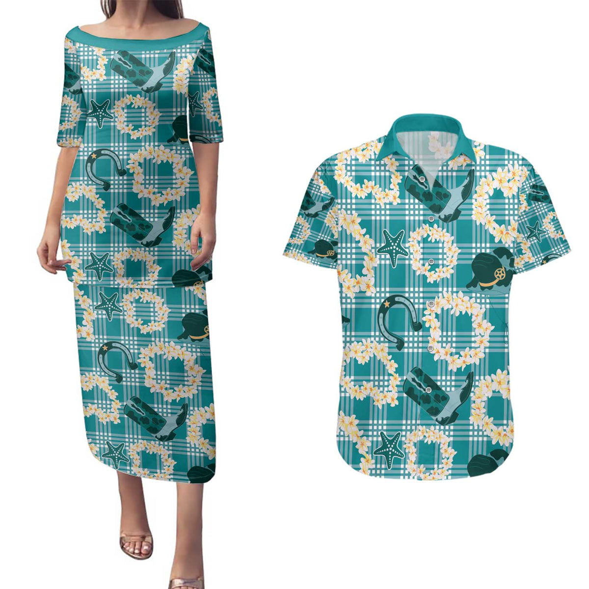 Aloha Hawaii Paniolo Teal Palaka Couples Matching Puletasi and Hawaiian Shirt Coastal Rodeo - Polynesian Pride