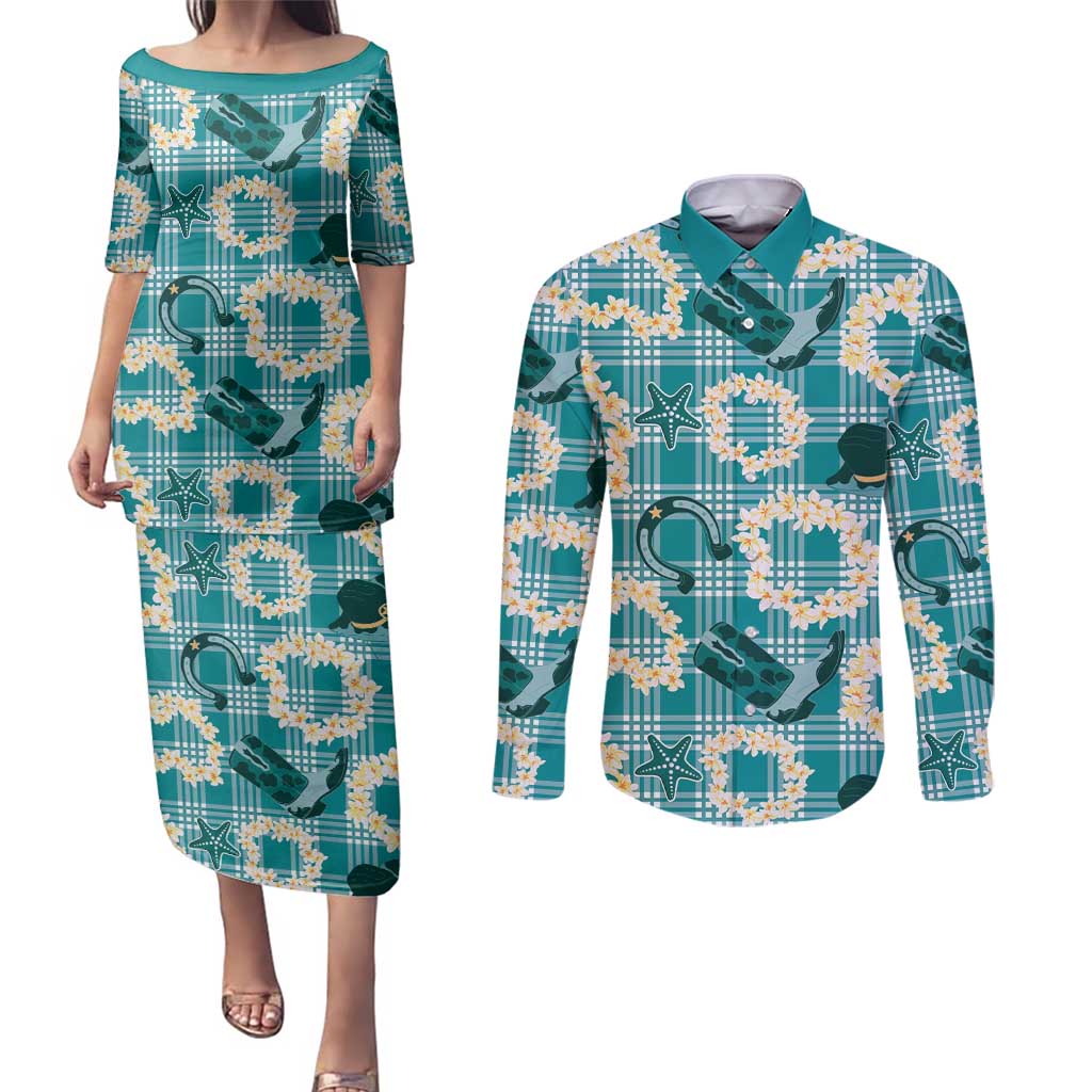 Aloha Hawaii Paniolo Teal Palaka Couples Matching Puletasi and Long Sleeve Button Shirt Coastal Rodeo - Polynesian Pride