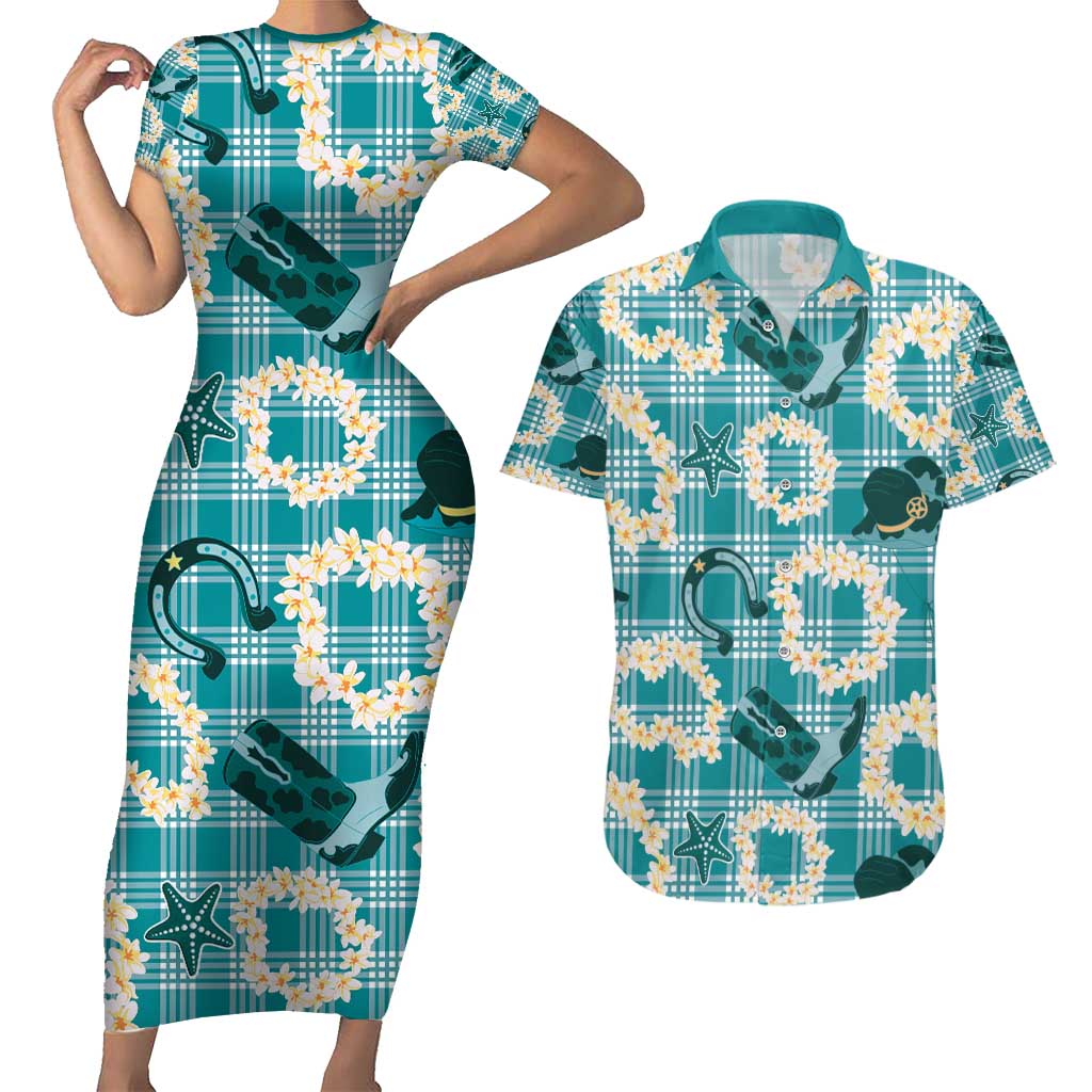 Aloha Hawaii Paniolo Teal Palaka Couples Matching Short Sleeve Bodycon Dress and Hawaiian Shirt Coastal Rodeo LT7 Teal - Polynesian Pride