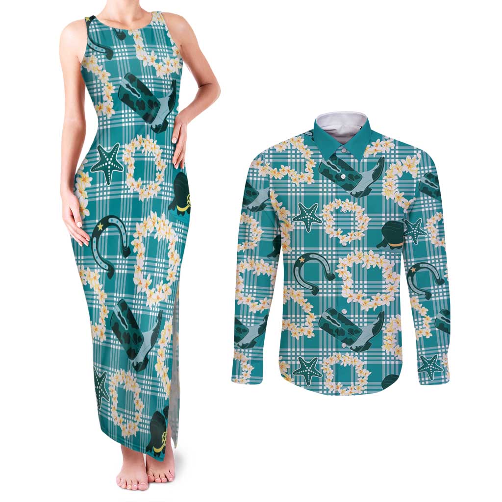 Aloha Hawaii Paniolo Teal Palaka Couples Matching Tank Maxi Dress and Long Sleeve Button Shirt Coastal Rodeo - Polynesian Pride
