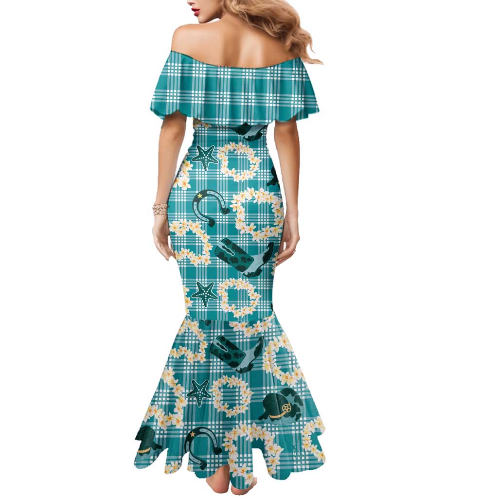 Aloha Hawaii Paniolo Teal Palaka Family Matching Mermaid Dress and Hawaiian Shirt Coastal Rodeo - Polynesian Pride