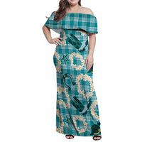 Aloha Hawaii Paniolo Teal Palaka Family Matching Off Shoulder Maxi Dress and Hawaiian Shirt Coastal Rodeo - Polynesian Pride